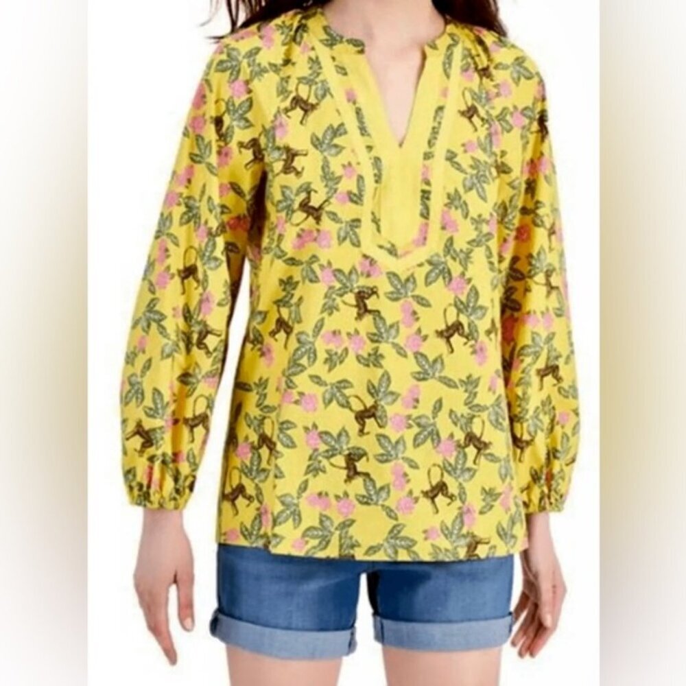 NWOT Charter Club V-neck Long Sleeve Floral Tunic Blouse‎ 100% Cotton Size S